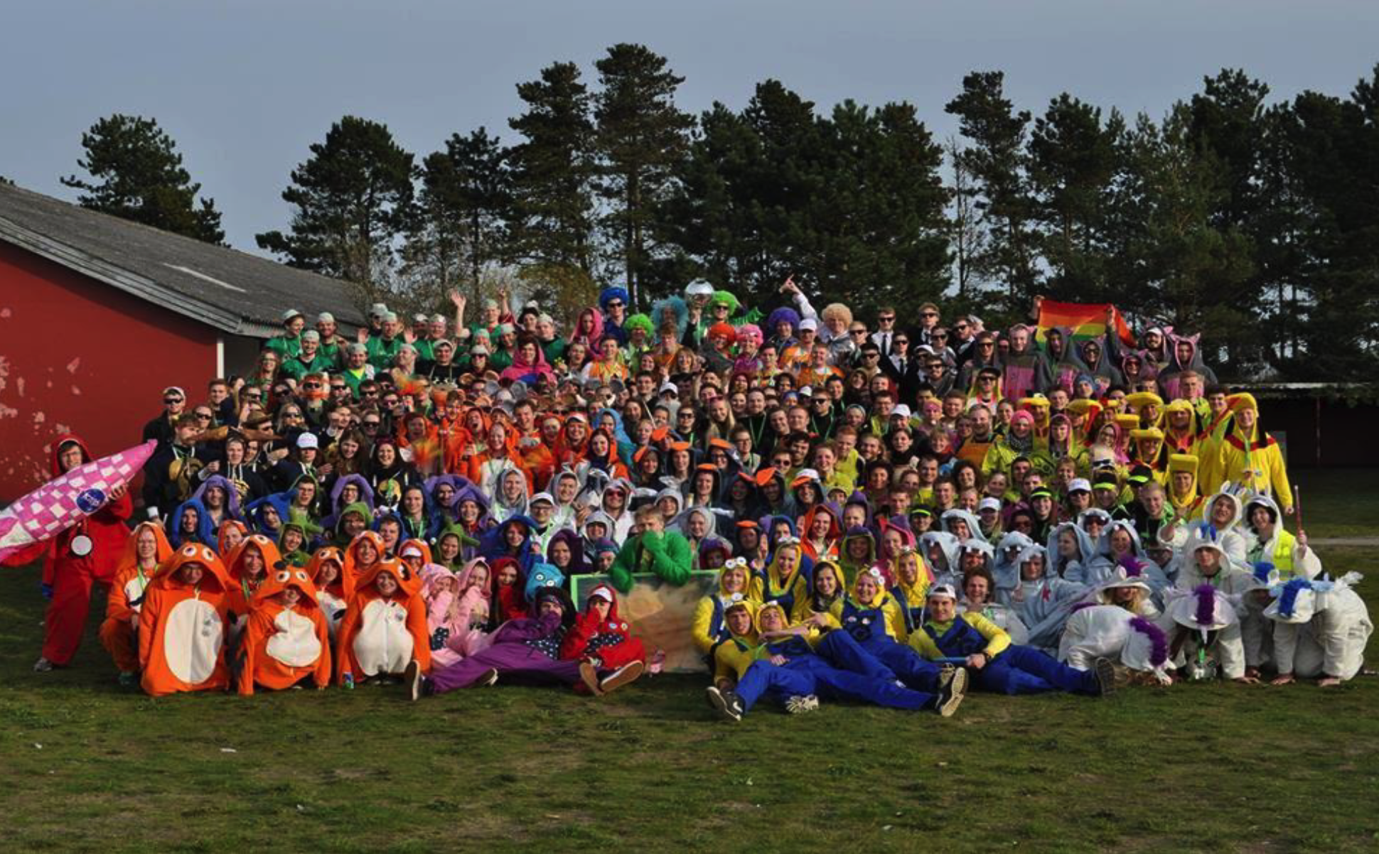Total group of 300 tutors for managing 6 months of rushing. Different costumes distinguish different interdisciplinary taskforces (2014, with permission from Polyteknisk Forening).