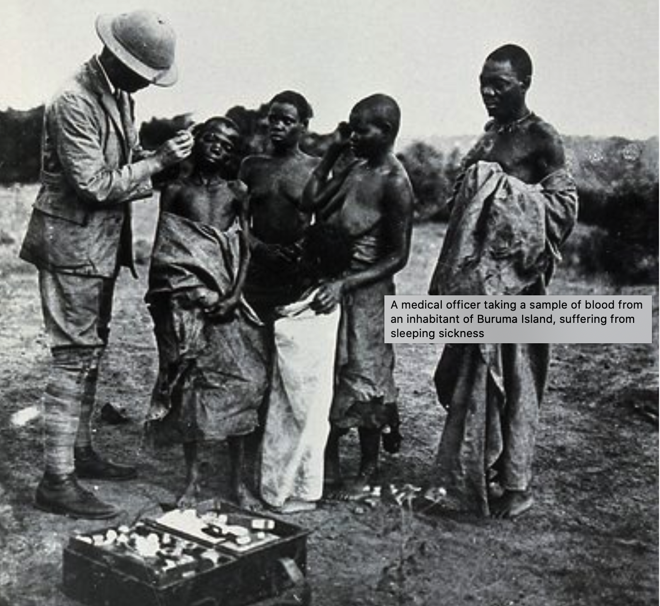 https://www.lookandlearn.com/history-images/YW029102V/A-medical-officer-taking-a-sample-of-blood-from-an-inhabitant-of-Buruma-Island-suffering-from-sleeping-sickness